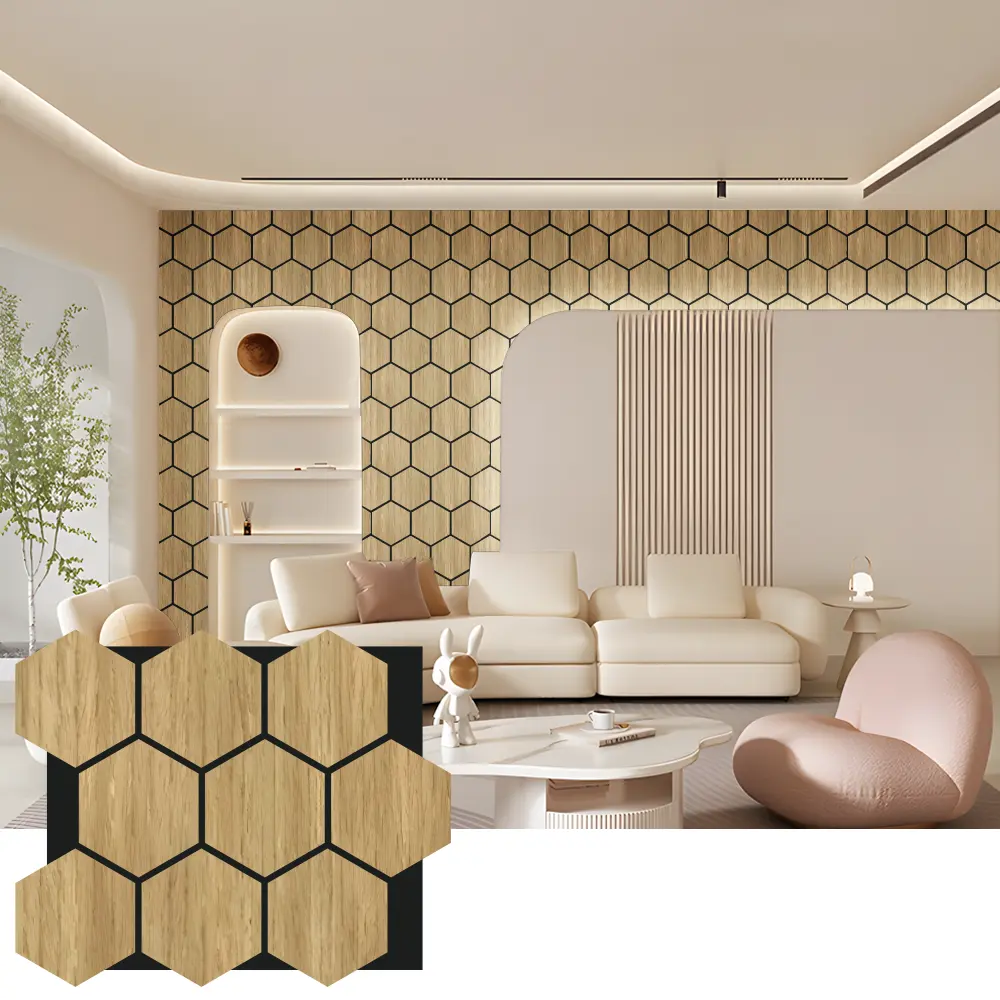 Hexagon akoestische houten wandpanelen voor interieurontwerp Hexagon akoestische houten wandpanelen voor interieurontwerp