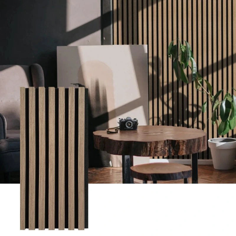 Akoestisch wandpaneel met houten latten voor geluidsabsorptie binnenshuis